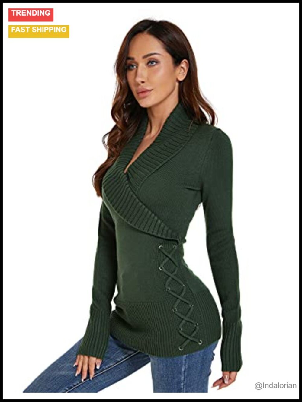 Slim Fit Shawl Collar Faux Wrap Lace Up Long Sleeve Acrylic Sweater